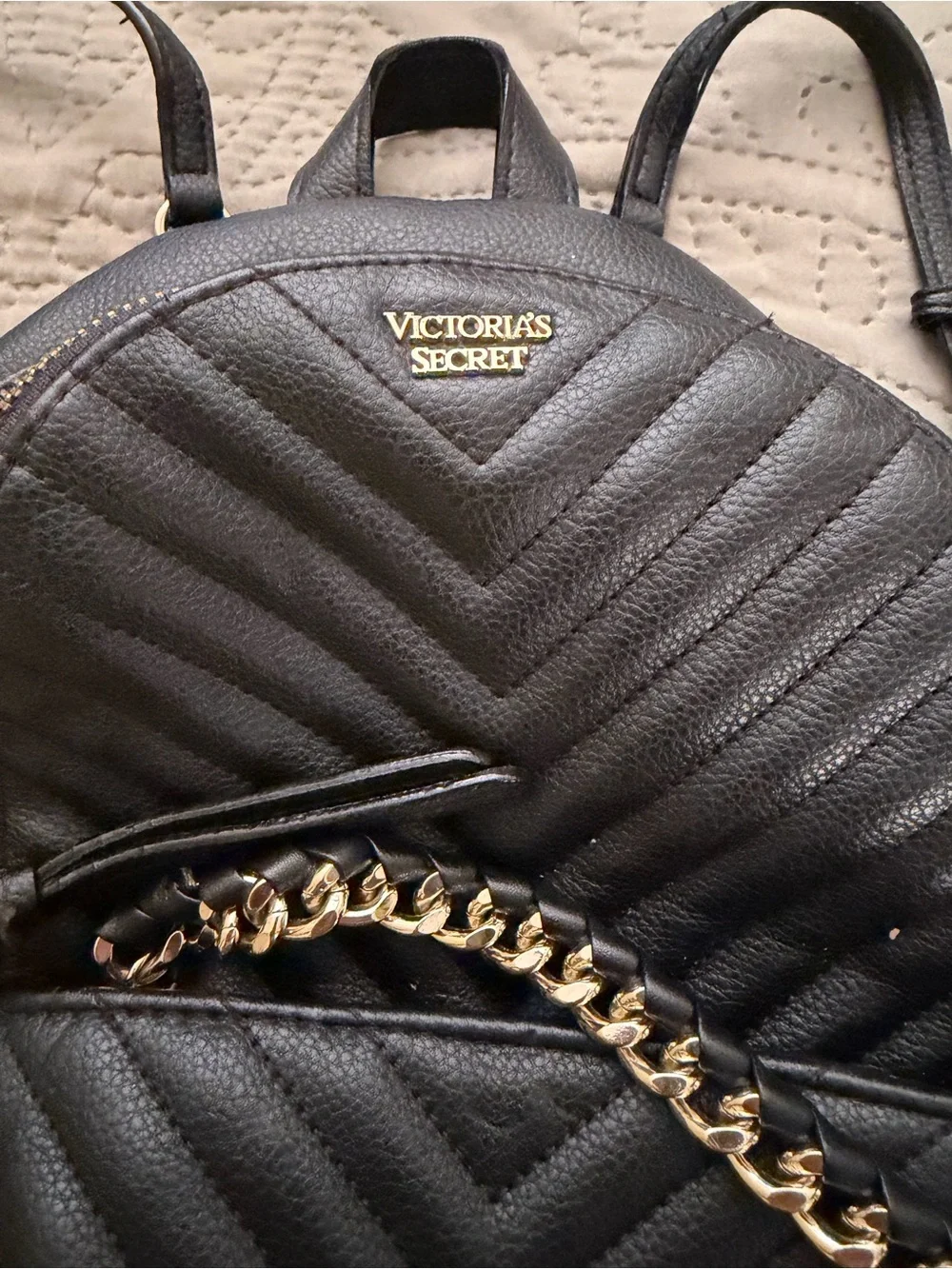 Victoria's Secret Black Quilted Mini Backpack with Gold Chain Accent